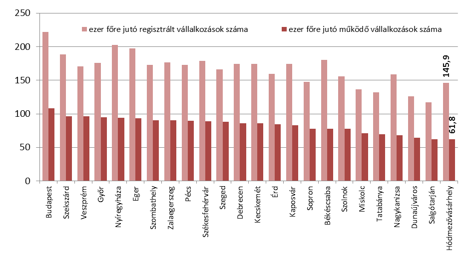 Hódmezővásárhelyen a Dél-alföldi tendenciához némileg hasonlóan a regisztrált vállalkozásoknak csak kevesebb, mint fele a valóban működő vállalkozás (2011-ben 2.