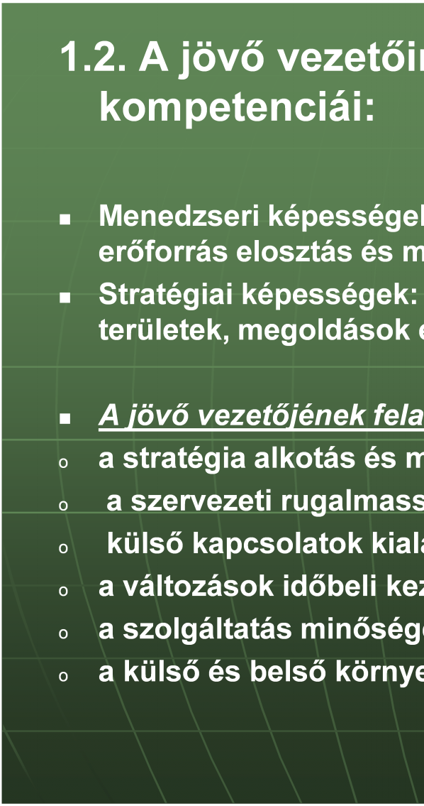 1.2. A jövő vezetőinek képességei, kompetenciái: o o o o o o Menedzseri képességek: tervezés, szervezés, ellenőrzés, erőforrás elosztás és működtetés.