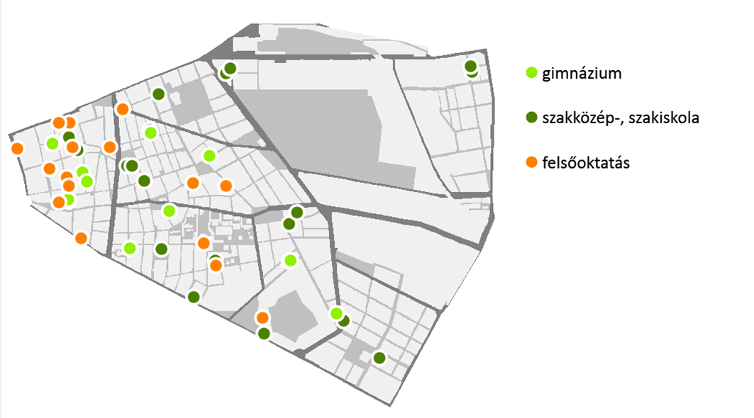 58. ábra: Középiskolák száma Budapest egyes kerületeiben (gimnázium és szakközépiskola együtt, db, 2013). Forrás: TEIR, saját szerkesztés (Forrás: saját készítés) 59.