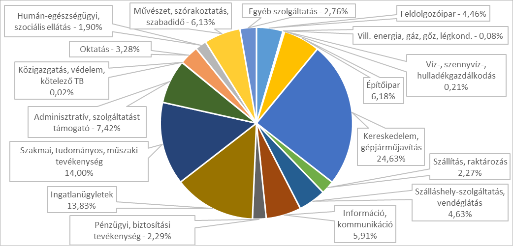 A megoszlást a kerületen belül vizsgálva szintén szembetűnő a kereskedelem-gépjárműjavítás erős többlete (Józsefváros vállalkozásainak 24,63%-a, 4352 cég tartozik ide), amit a szakmai, tudományos,