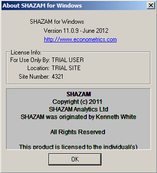 2.1.7 A Shazam 11.0.9 Professional szoftver 33. ábra. A Shazam információs képernyője. A Shazam programcsomag 7 napos angol nyelvű próba verziója az Econometrics hivatalos honlapjáról tölthető le *.