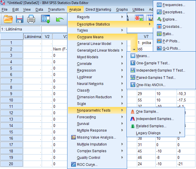 A statisztikai elemzéseket a program analízis (Analyze) menüjében találjuk, mely a 43. ábrán látható.