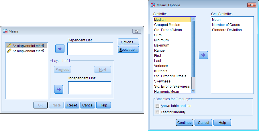 44. ábra. A gyakoriság vizsgálat (Frequencies). A következő elemzési típus már az összehasonlító függvények (Compare Means) menüben található ez az átlagok (Means) menü, amire ha rákattintunk a 45.