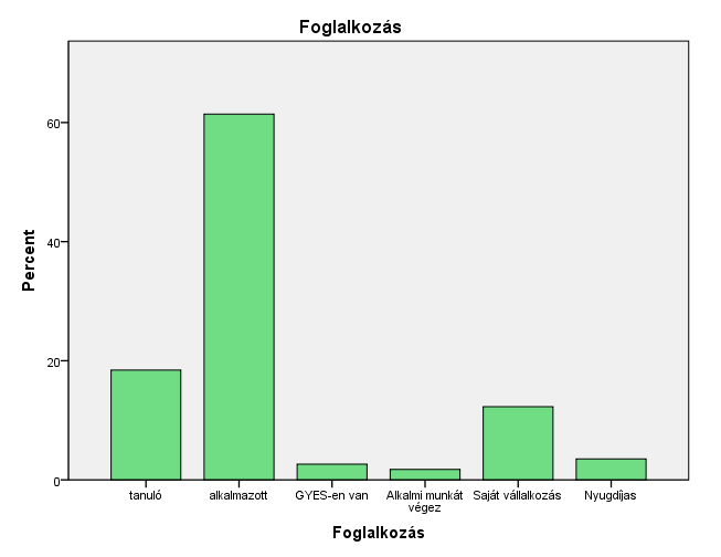 5. grafikon: A megkérdezettek iskolai végzettsége szerinti megoszlása. Saját forrás (SPSS19.) 6. grafikon: A megkérdezettek foglalkozás szerinti megoszlása. Saját forrás (SPSS 19.