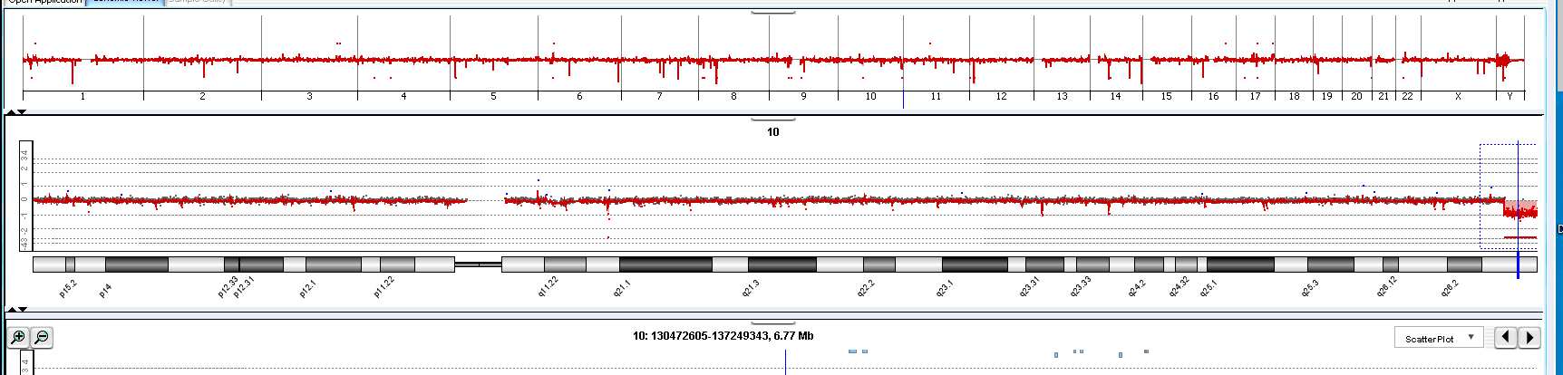 Array-CGH. Az array profil megerősítette a szubtelomerikus FISH vizsgálat eredményét. A 10-es kromoszómát érintő 2,9 Mb deléció a 10q26.3 régióban helyezkedik el, míg a 17q25.