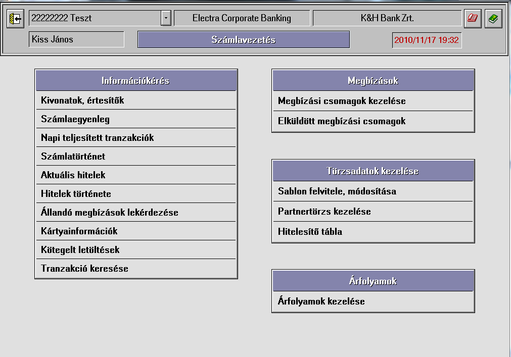 a felhasználó munkanyelvének megfelelő felület (magyar, angol, német) több cég banki kapcsolattartására is használható egy adott cég több telephelyén is telepíthető úgy, hogy az aláíró személyek