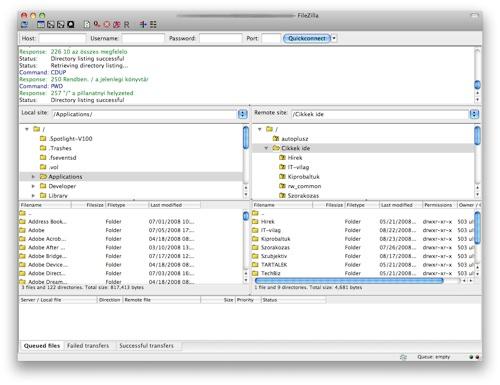 A FileZilla képernyője B.