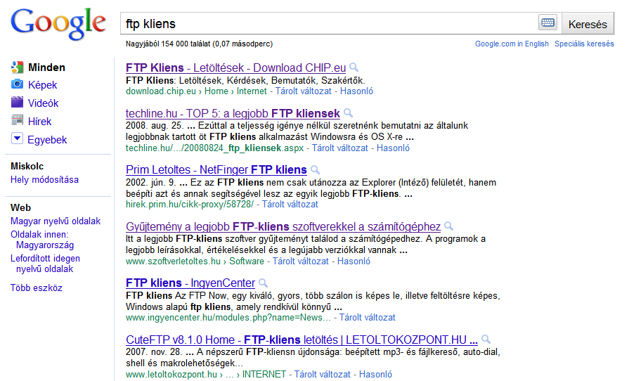 klienst, írjuk be a Google keresőmezőjébe: FTP kliens majd ENTER.