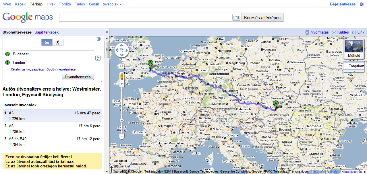 A keresés legegyszerűbben a maps.google.com oldalon végezhető el. Az Útvonaltervezés pontban adjuk meg kiinduló és célpontunkat.