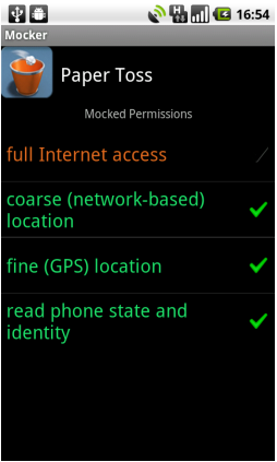 4.1. Platform szintű módosítások (a) (b) (c) 4.1. ábra. A MockDroid működés közben: 4.1(a) A PaperToss alkalmazás telepítésekor olyan jogosultságokat kér, melyek látszólag szükségtelenek; 4.