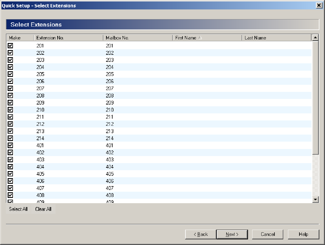 4.3. Gyors beállítás Hozza létre a hangpostafiókokat Az ezután megjelenő ablak a Select Extensions (Válassza ki a mellékállomásokat) ablak. Megjelennek az alközponttól lekért mellékállomási adatok.