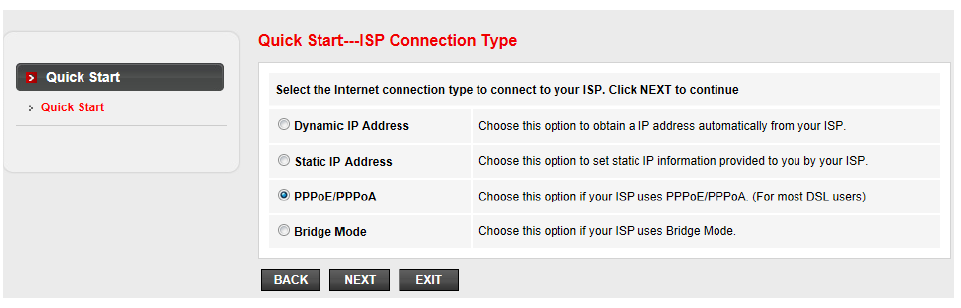 A Qiuck Start telepítő varázsló négy lépésen fogja keresztül irányítani. Kattintson a Cancel gombra, ha tudja az internet szolgáltatója által meghatározott PVC(VPI/VCI) értéket.