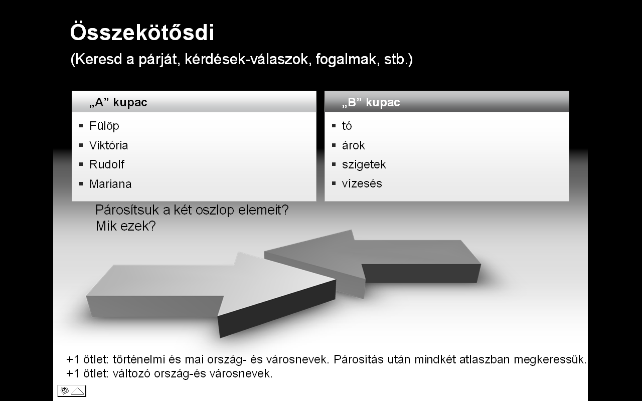 18. Csak egy ötlet? A feladat hasonló az elızıhöz, de itt halmazábrát (Venn-diagramot) készítünk pl. egy szigetcsoportról, hegységrendszerrıl, stb. 19. Kakukktojás Szinte a 17. és 18.