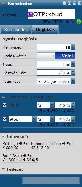 Megbízási ablak A kereskedés ablakban, a megbízás fület (1.) kiválasztva adhatunk be különböző megbízásokat.