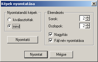 Nyomtatandó képek: választható, hogy csak az elızıleg a CTRL, vagy a SHIFT gomb lenyomásával kijelölt képek, vagy a teljes képgyőjtemény nyomtatásra kerüljön.