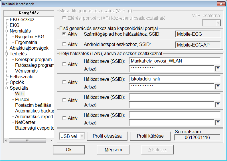 A WiFi kapcsolódási mód beállítása az EKG készüléken Az első generációs készülékek kapcsolódási módjának beállítása során a helyi hálózatok mellett aktiválni lehet további két, ún.