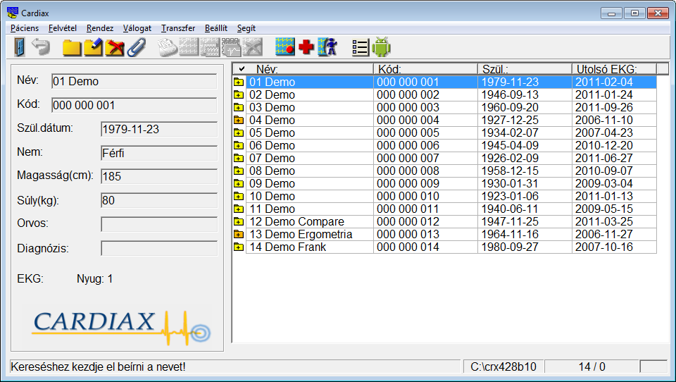 4. A Kartoték A Cardiax program indításakor a Kartoték képernyő jelenik meg. Jobb oldalon a Pácienslista, bal oldalon a listában kiválasztott betegre vonatkozó Pácienskarton látható.