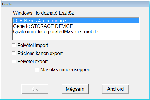 8.6 Adatcsere mobil (Android) eszközzel Menü: Transzfer / Mobil eszköz Az Android rendszer alatt működő Cardiax Mobile megjelenésével az asztali gép valamint a mobil eszköz (táblagép, telefon) EKG