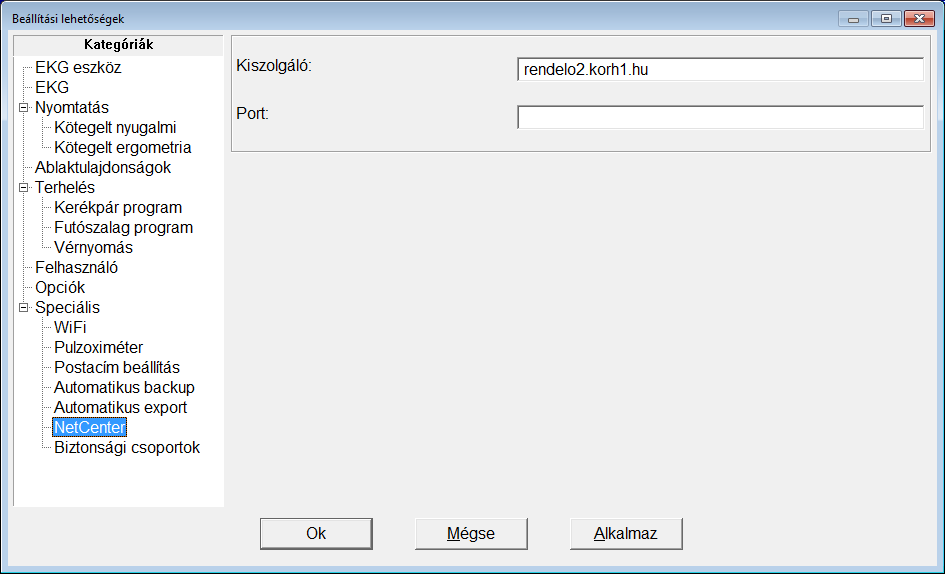 Felhasználói oldal (kliens): A központi szerverre történő kapcsolódáshoz előzetesen a Beállítások menüben a Speciális / NetCenter oldalon be kell állítani a központi gép címét, valamint a port száma