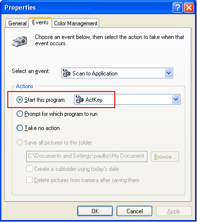 7. Az ActKey alkalmazás Helyi PC módban történő használatához (tehát helyi lapolvasáshoz) ezt a programot kell beállítani a lapolvasó eseményeinek kezelésére: Az alábbi példában Windows XP operációs