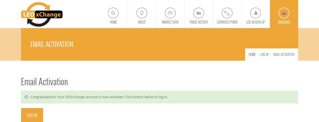 A sikeres számla aktiválást követően, a felhasználót, az Email Aktiválása oldalra irányítjuk, ahol már be tud lépni a LEOxChange platformra. 3.