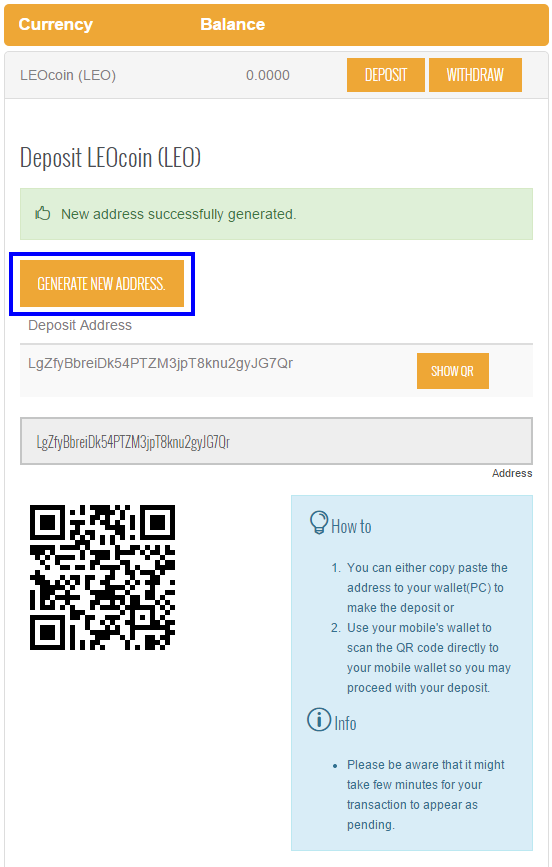 3. Nyomd meg az ÚJ CÍM LÉTREHOZÁSA gombot a LEOxChange pénztárca cím generálásához, ahonnan KRIPTO-valuta betétet tudsz utalni.