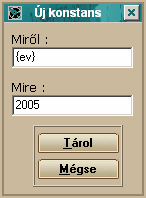 127 Infotéka Kontir Ebben a menüpontban a programhoz lehetőség van úgynevezett konstansok megadására, aminek a segítségével, a gyakran változó bemenő értékek (például tárgyév) miatt nem kell