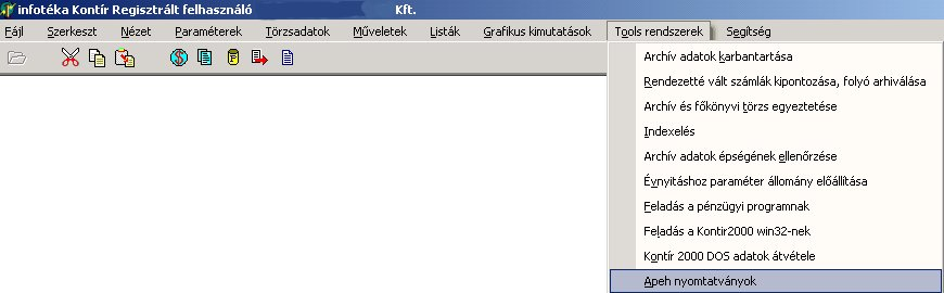 Tools rendszerek 152 10.10 Apeh nyomtatványok Ebben a menüben nyílik lehetőségünk a könyvelési adatok átadására az APEH nyomtatványkitöltő programjának.