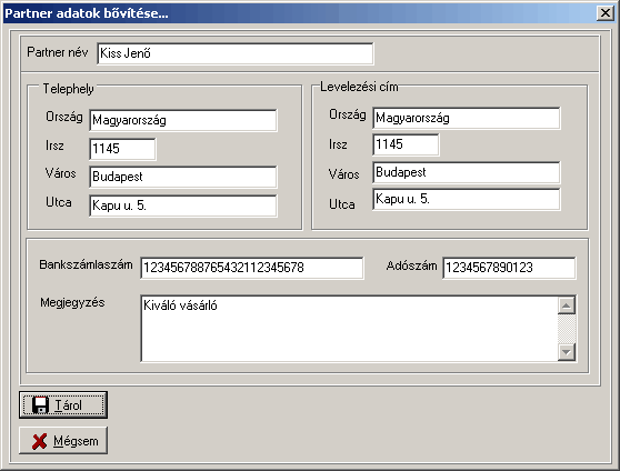 45 Infotéka Kontir Bővít új partnert adhatunk meg Az adatok bevitelét a <Tárol> gombbal zárjuk. Visszatérve a főmenübe, a <Bezár> gombbal léphetünk ki a Partnerek menüpontból. 6.