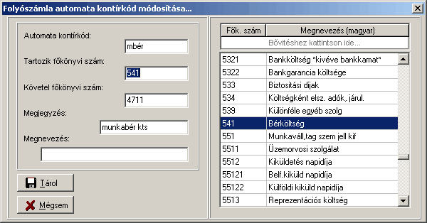 Törzsadatok 54 Automata kontírkód - A mezőbe azt a rövid kódot írjuk, amelynek segítségével a későbbiekben, a könyvelés során, a megfelelő mezőbe beírva, az alatta kitöltött adatokat fogja helyettünk