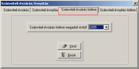 Könyvelés 76 Számviteli évnyitás törlése ha valami probléma történt az évnyitás folyamán, illetve a kézi nyitás értékei nem megfelelőek, válasszuk ezt a fület" és a benne lévő képernyőn törölhetjük