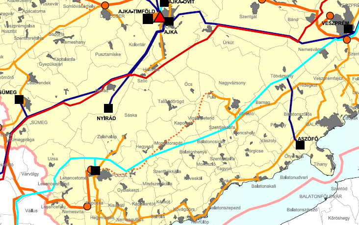 IV.5. ábra: Tapolca Veszprém megye energiaközmű-rendszerében betöltött szerepe Forrás: Veszprém Megye Területrendezési terve, VÁTI Kht., 2002.