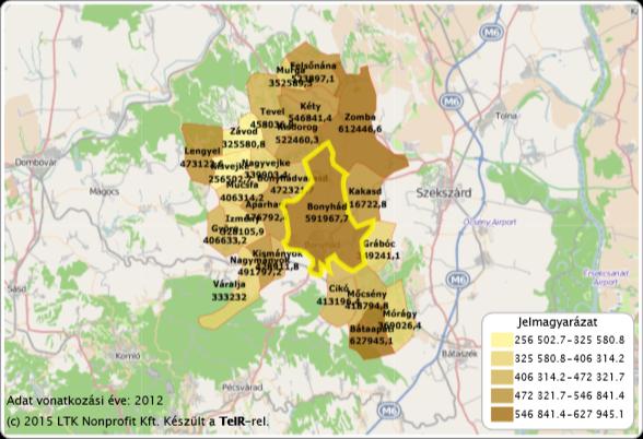 59 1.7-8. ábra: Egy lakosra jutó nettó belföldi jövedelem, 2007 2012, Ft Forrás: Lechner Nonprofit Kft. Jövedelemnagyság tekintetében a járás települései nem alkotnak homogén egységet.