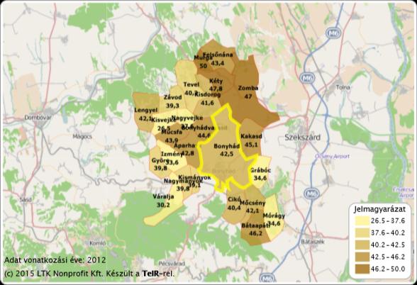 60 1.7-10. ábra: Száz lakosra jutó adófizetők száma, 2007 2012, fő Forrás: Lechner Nonprofit Kft. A mutatót járási szinten megvizsgálva a kép eléggé mozaikos.