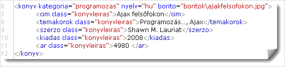 Tegyük fel, hogy a konyv elemen belül minden gyermek elemet azonos betűtípussal akarunk ellátni. Ehhez az érintett elemeket közös (pl.