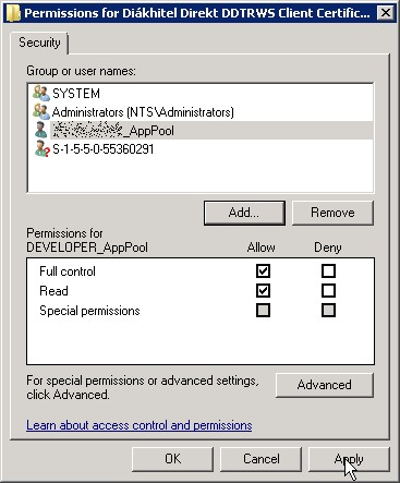 Majd az alkalmazáskészletnek és az alkalmazásszerver futtató felhasználónak adjon Full control jogot: Majd nyissa meg a tanúsítványt a konzolban, illetve a Neptun alkalmazásszerver, illetve