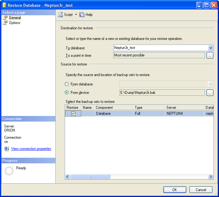 Object Explorer\[Server]\Databases jobb klik New Database A helyreállításhoz álljunk a teszt adatbázis fölé az egérrel és kattintsunk a következő menüpontra: Object