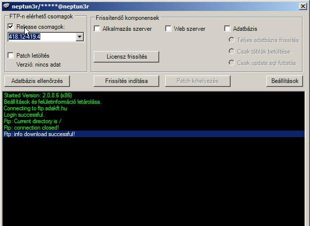 A Patch ftp szerverről történő letöltésénél nem kell (és nem is lehet) kiválasztani a csomagot. Szeretnénk elkerülni a hibalehetőséget ezért a program megnézi az adatbázis verziót és azt veszi alapul.