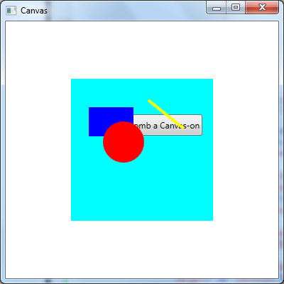 <Canvas Height="200" Width="200" Background="Aqua"> <Rectangle Canvas.Left="23" Canvas.Top="38" Width="63" Height="41" Fill="Blue"/> <Ellipse Canvas.Left="112" Canvas.