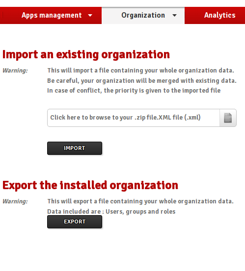 A Bonita 6. portál áttekintése ˆ OrganizationPublish...: A stúdió beépített Bonita user adatbázisba telepíti a Manage... menüpontnál kialakított struktúrát. ˆ OrganizationExport.