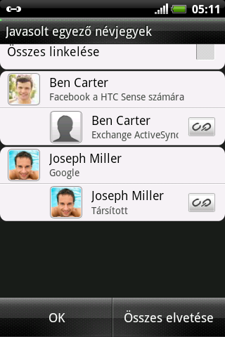 70 Emberek Kapcsolattartási adatok összevonása Ha rendelkezik ugyanazokkal a névjegyekkel HTC Explorer készülékén, Google fiókjában és közösségi oldalakon, pl.