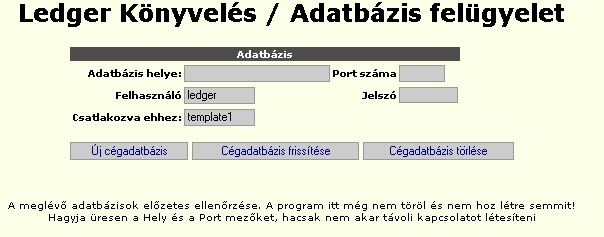 A cégadatbázisokat az adminisztrációs felületen lehet létrehozni az http://<ledger gyökérkönyvtár>/admin.pl parancs kiadásával. Nyissuk meg a böngészőnket, és üssük be a következő címeket.