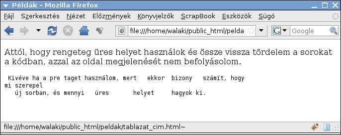 12. ábra Kód tördelés forrás 13. ábra Kód tördelés megjelenítve 8.2.1. Nem törhető szóköz Alapesetben a HTML fájlban elhelyezett többszörös szóközök nem jelennek meg a böngészők által megjelenített oldalon.