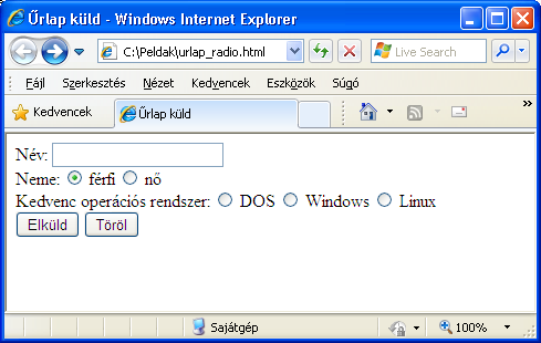 Rádiógombok megjelenítése szintén az <input> utasítással történik. A type paraméternek ebben az esetben 'radio' értéket kell adni. Azonban a rádiógombok melletti szöveget külön kell kiírni.