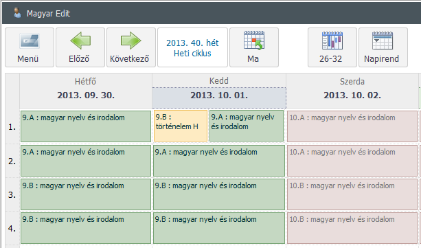 Helyettesítések kezelése [Helyettesítés felvitele] 6. A sikeres rögzítés után a Naptárba lép vissza a program. A most rögzített helyettesítés sárga háttérrel jelenik meg a naptárban.