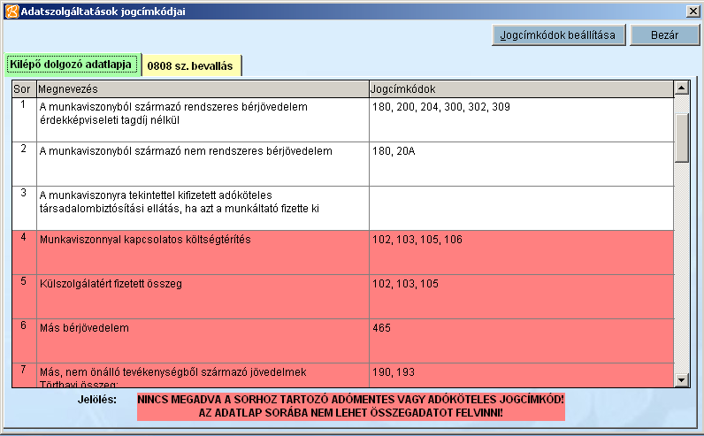 Bóra - Munkaügyi-, bér-és SZJA elszámoló rendszer 67 Amikor e jogcímkódok beállítása nem történt meg az alábbi hibaüzenetet kapta a törzsadatok mentésekor: Nincs megadva a 3 sorhoz tartozó jogcímkód!