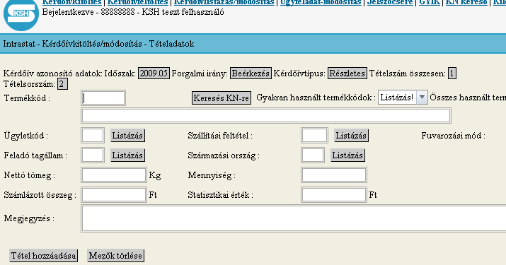 ábra A havi adatszolgáltatás tételrögzítő képernyőjén (3.