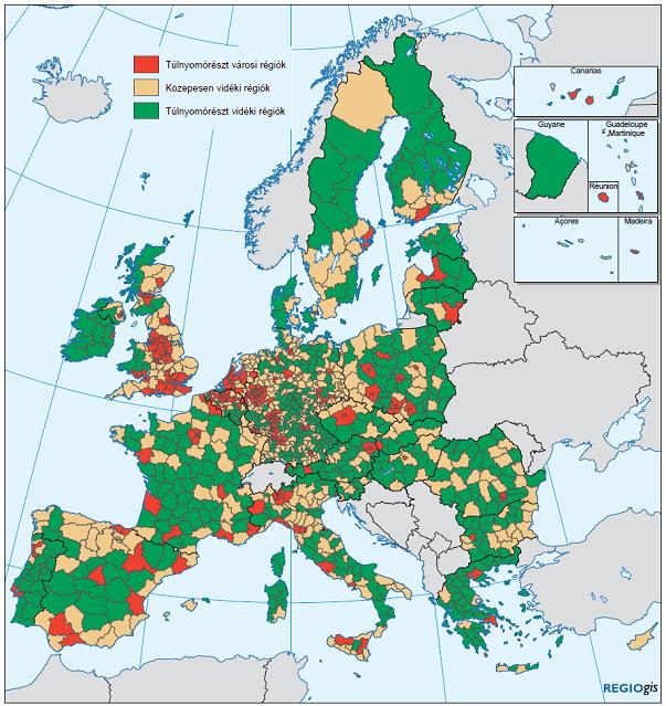1.1. ábra Egy főre jutó GDP (PPS) az Európai Unió NUTS II régióiban 2007-ben (Forrás: 5. Kohéziós jelentés Espon 2011) 1.2. ábra A NUTS III régiók városi-vidéki területeinek típusai az Európai Unióban (Forrás: 5.