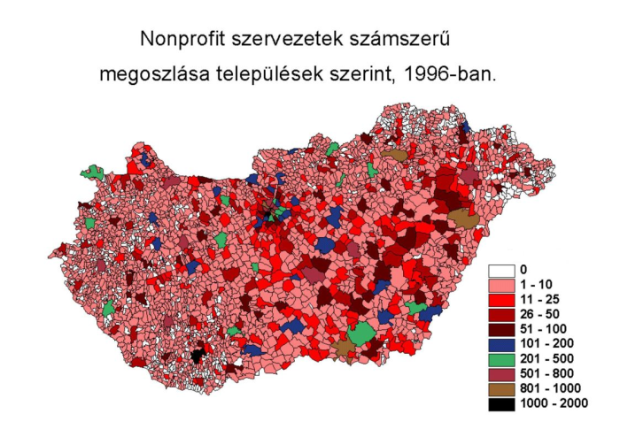 1. ábra: A nonprofit szervezetek számszerű megoszlása települések szerint, 1996-ban (Szerk.: VADÁSZ I.