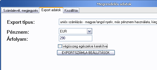 A második fülön a megrendelés devizás / export beállításait adhatjuk meg.